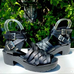 Qupid Selfie-13 Black PU Leatherette Double Ankle Strap Block Heel Woven Sandal